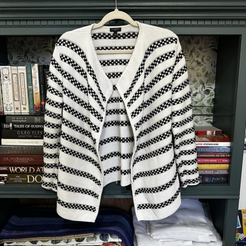 Talbots Cardigan Sweater Open Front Textured White‎ and Black Waterfall Large P
